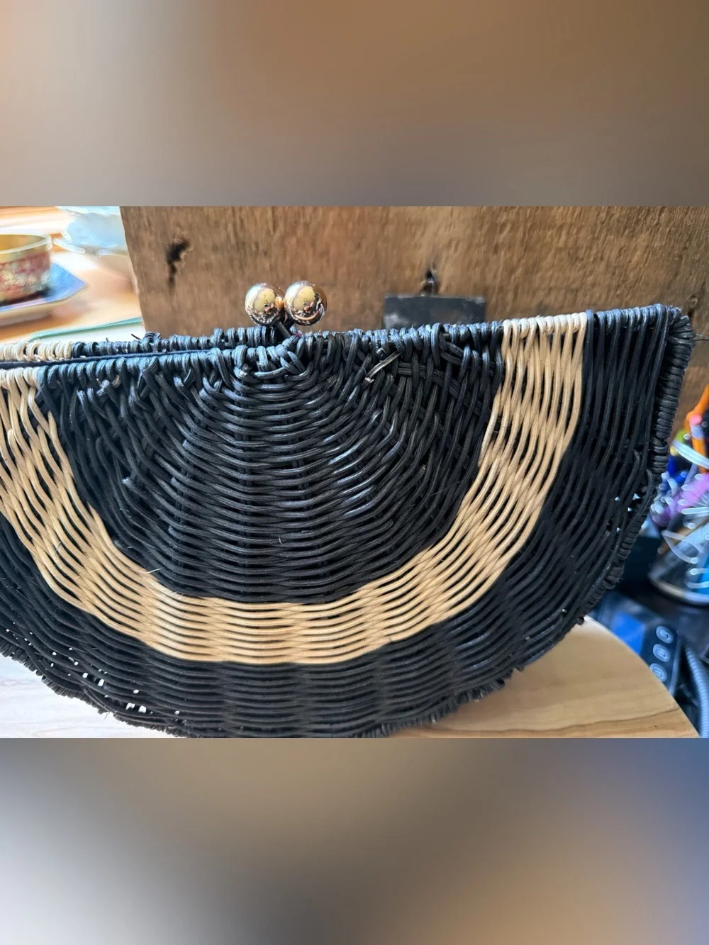 Tabitha Brown Target Geometric Woven Rattan Clutch Black White Kiss Lock Bag